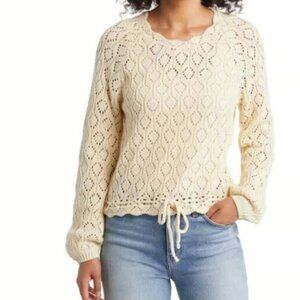 Marine Layer Womens XS Manzanita Crochet Fringe Sweater Tie Hem Antique White
